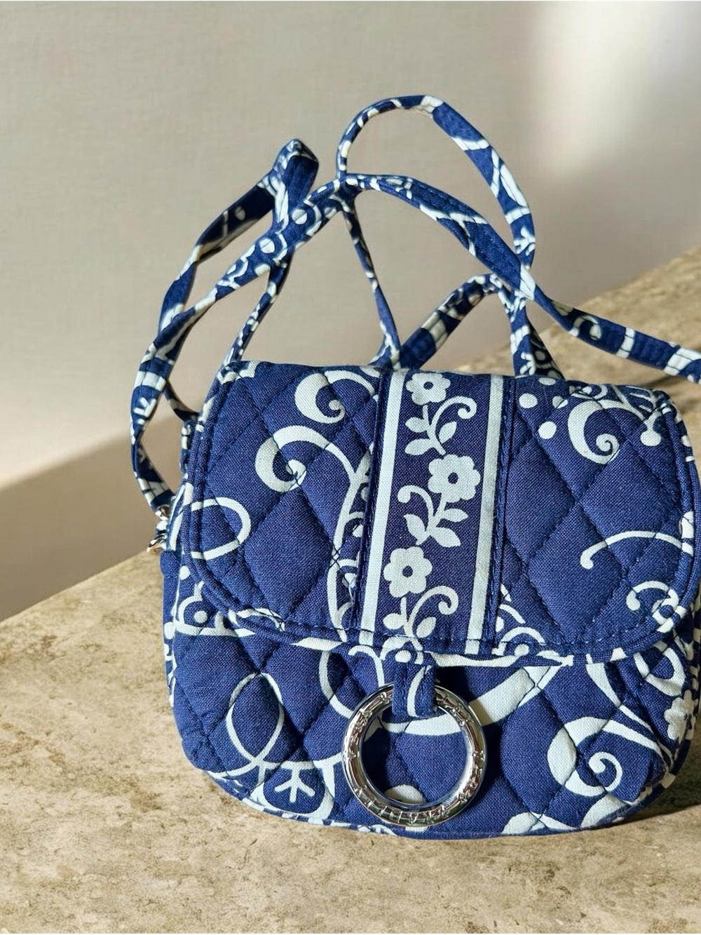 Vera Bradley Navy Blue Twirly Birds Small Quilted Crossbody Bag Retired